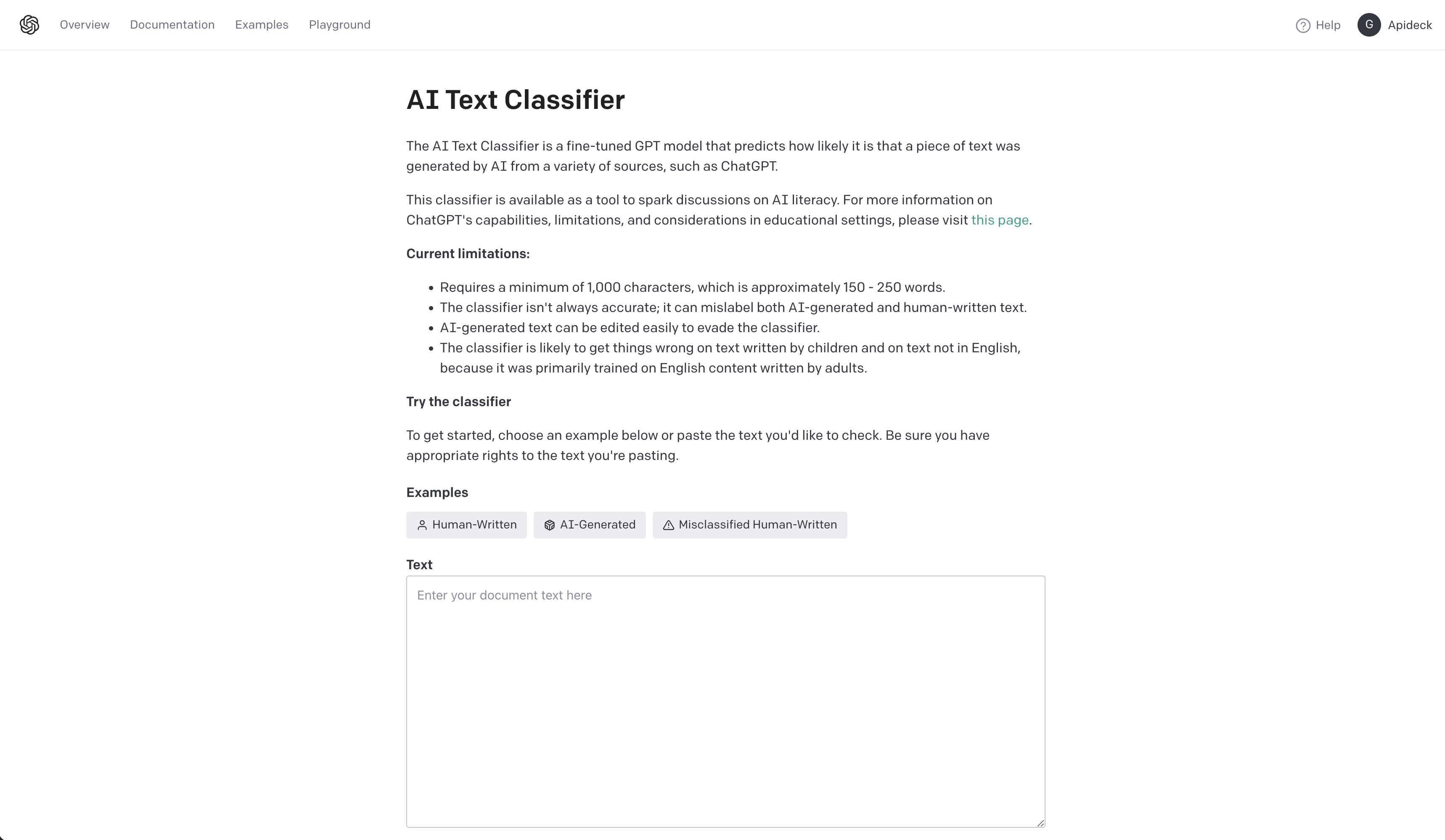 OpenAI AI Text Classifier - screen 1